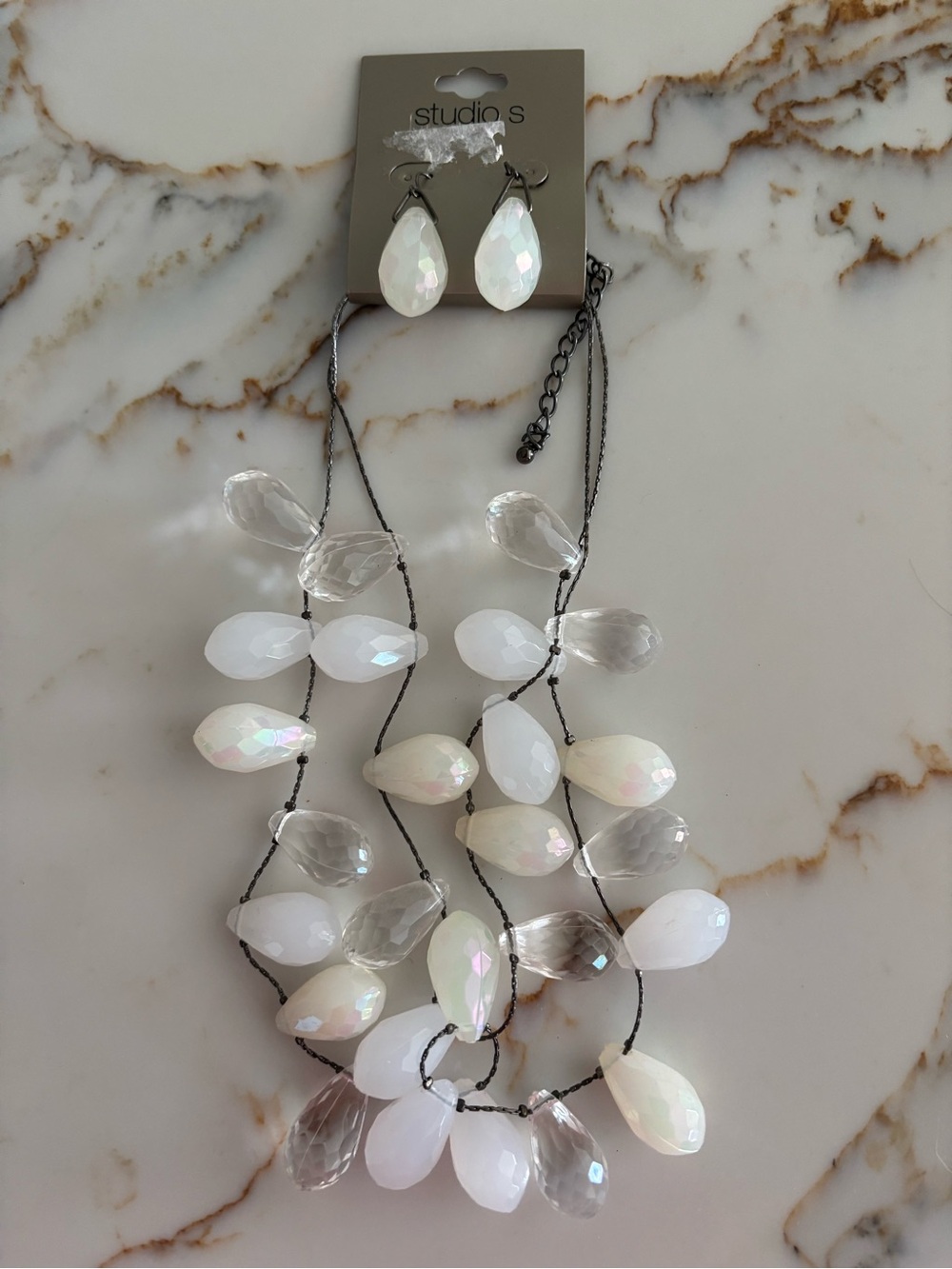 Studio Iridescent White & Clear Teardrop Necklace with Matching Earrings